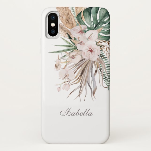 Tropical Monstera and Orchid Custom Name Case-Mate iPhone Case (Back)