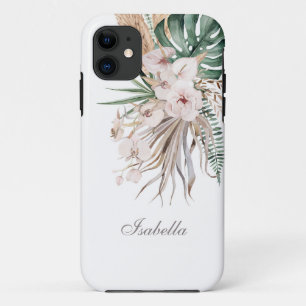 Tropical Monstera and Orchid Custom Name iPhone 11 Case