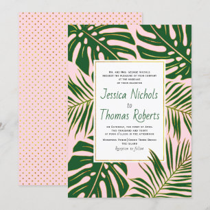 Tropical monstera and palm leaves pink wedding invitation