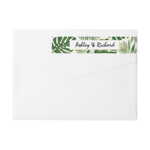 Tropical monstera and palm leaves wedding wrap around label