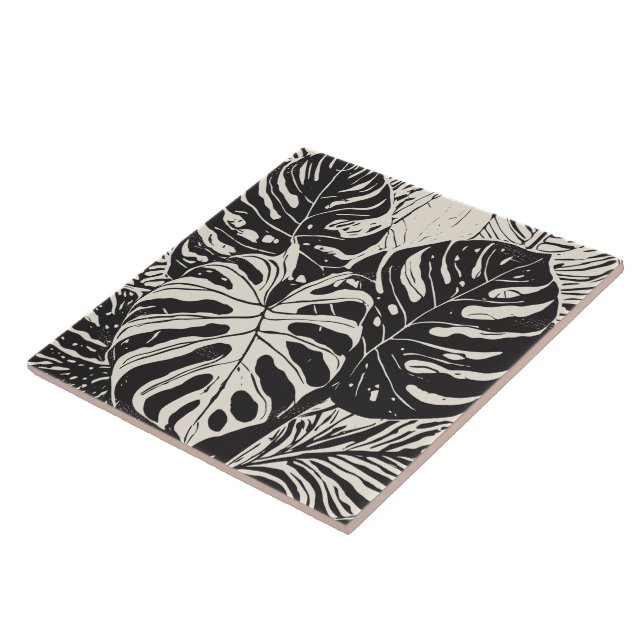 Tropical Monstera art black and white Tile (Side)
