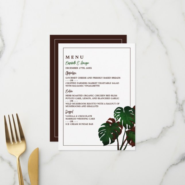 Tropical Monstera Beach Wedding Menu (Front/Back In Situ)