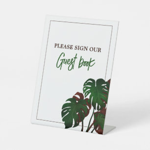 Tropical Monstera Beach Wedding Pedestal Sign