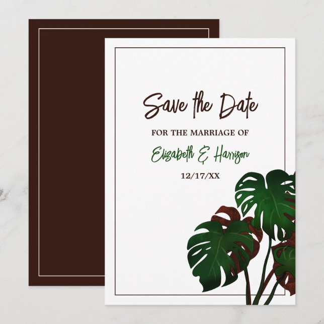 Tropical Monstera Beach Wedding Save The Date (Front/Back)