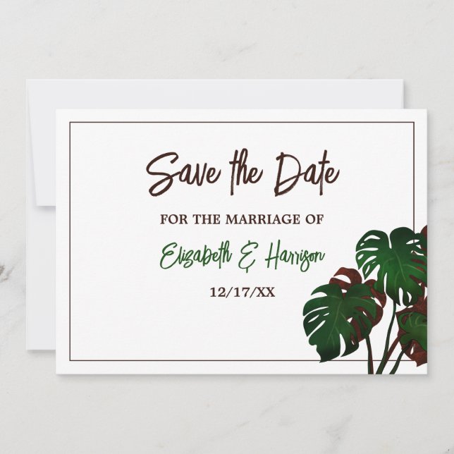 Tropical Monstera Beach Wedding Save The Date (Front)