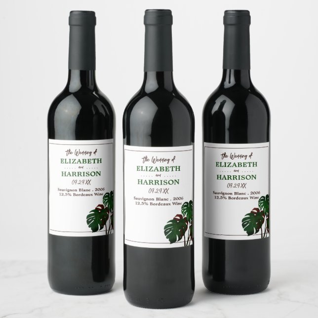 Tropical Monstera Beach Wedding Wine Label (Bottles)