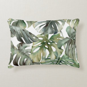 Tropical Monstera Big Watercolor Pattern Accent Pillow