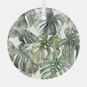 Tropical Monstera Big Watercolor Pattern Glass Ornament
