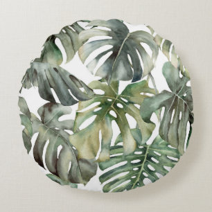 Tropical Monstera Big Watercolor Pattern Round Pillow