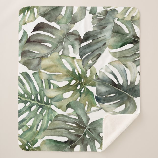 Tropical Monstera Big Watercolor Pattern Sherpa Blanket (Front)