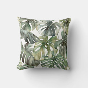 Tropical Monstera Big Watercolor Pattern Throw Pillow