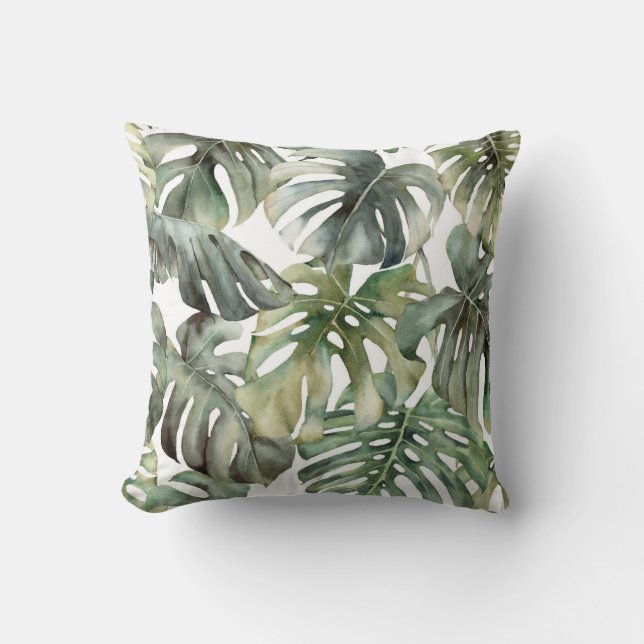 Tropical Monstera Big Watercolor Pattern Throw Pillow (Front)