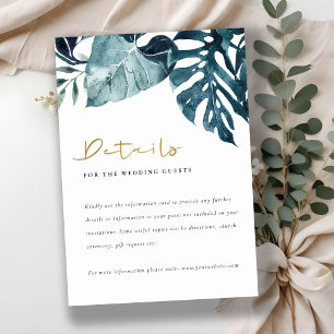 Tropical Monstera Blue Foliage Wedding Details Enclosure Card