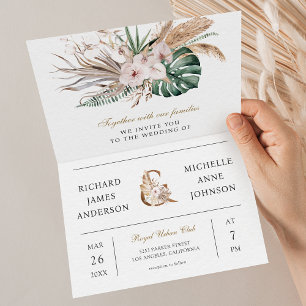 Tropical Monstera Boho Pampas QR Code Wedding Invitation
