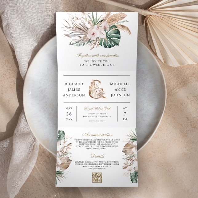 Tropical Monstera Boho Pampas QR Code Wedding Tri-Fold Invitation (Creator Uploaded)