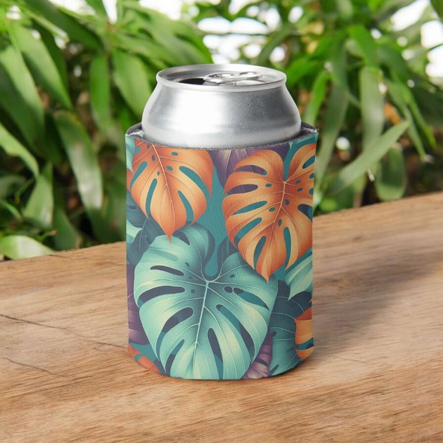 Tropical Monstera Bold Floral & Palm in Green Can Cooler (Creator Uploaded)
