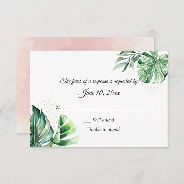 Tropical Monstera Botanicals & Gold Wedding  RSVP Card (Front/Back)