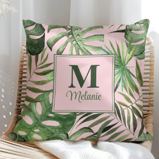 Tropical Monstera Custom Name and Initial Throw Pillow