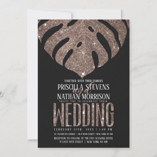 Tropical Monstera Dusty Rose Gold Glitter Wedding Invitation (Front)