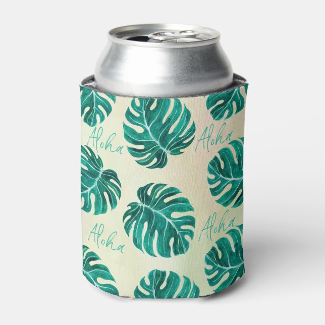 Tropical monstera emerald green palm leaves aloha can cooler (Can Front)