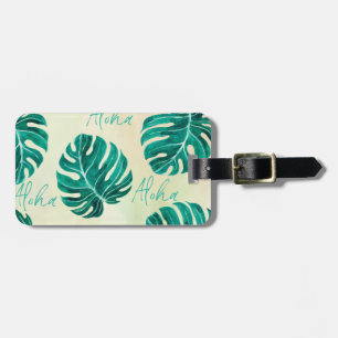Tropical monstera emerald green palm leaves aloha luggage tag