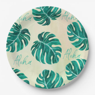 Tropical monstera emerald green palm leaves aloha paper plate