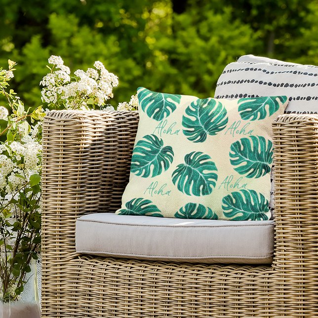 Tropical monstera emerald green palm leaves aloha throw pillow (Creator Uploaded)