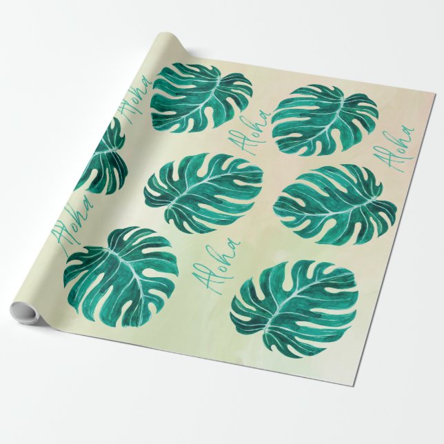 Tropical monstera emerald green palm leaves aloha wrapping paper (Unrolled)