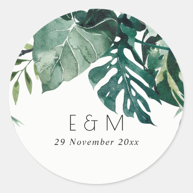 Tropical Monstera Foliage Green Monogram Wedding Classic Round Sticker (Front)