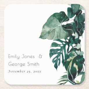 Tropical Monstera Foliage Green Rustic Wedding Square Paper Coaster