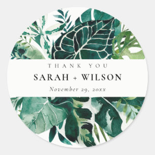 Tropical Monstera Green Foliage Wedding Thank You Classic Round Sticker