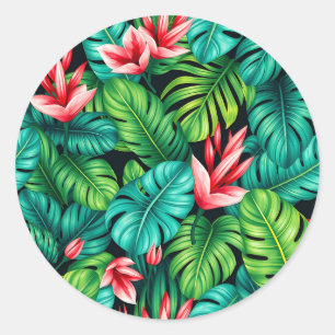 Tropical Monstera Heliconia Jungle Pattern Classic Round Sticker