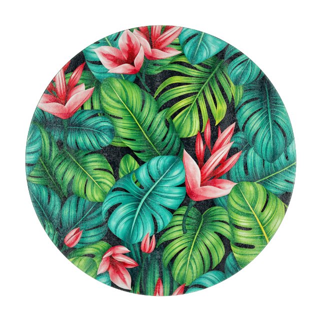 Tropical Monstera Heliconia Jungle Pattern Cutting Board (Front)