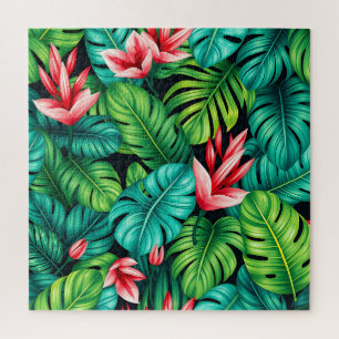 Tropical Monstera Heliconia Jungle Pattern Jigsaw Puzzle