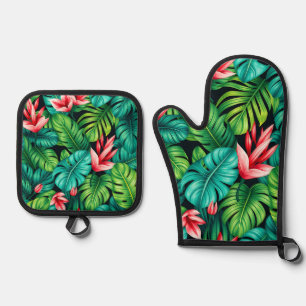 Tropical Monstera Heliconia Jungle Pattern Oven Mitt & Pot Holder Set