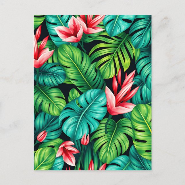 Tropical Monstera Heliconia Jungle Pattern Postcard (Front)