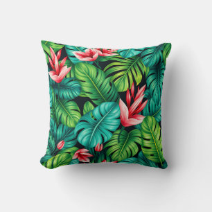 Tropical Monstera Heliconia Jungle Pattern Throw Pillow