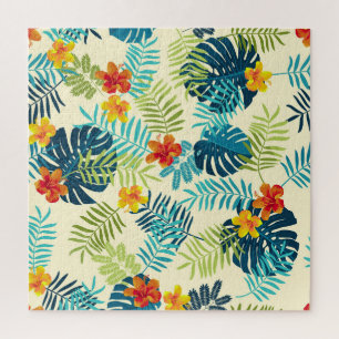 Tropical Monstera Hibiscus Summer Pattern Jigsaw Puzzle