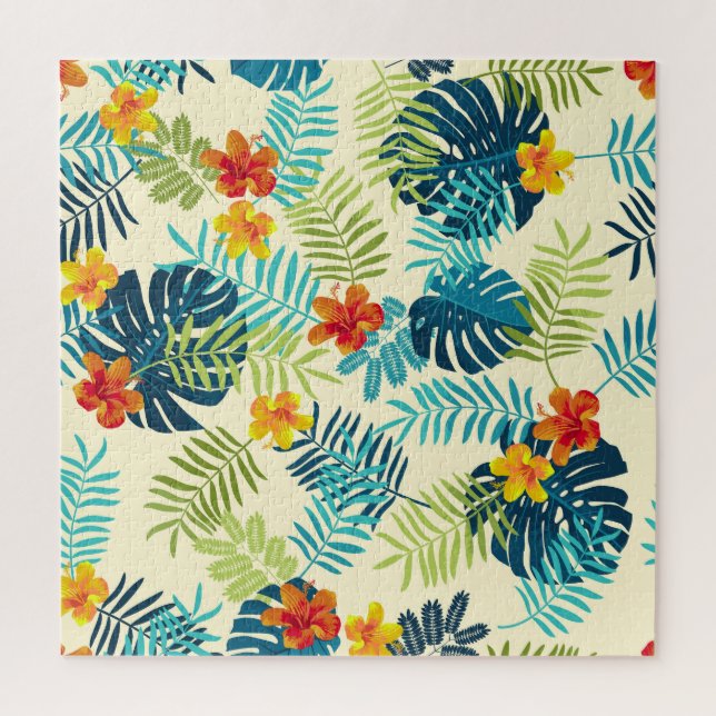 Tropical Monstera Hibiscus Summer Pattern Jigsaw Puzzle (Vertical)