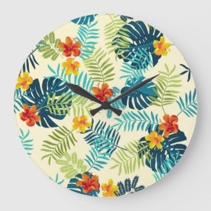 Tropical Monstera Hibiscus Summer Pattern Large Clock