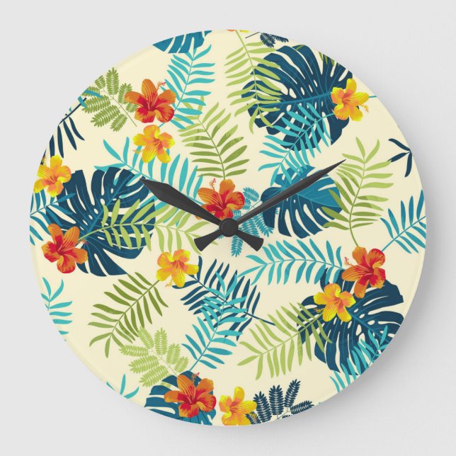 Tropical Monstera Hibiscus Summer Pattern Large Clock (Front)