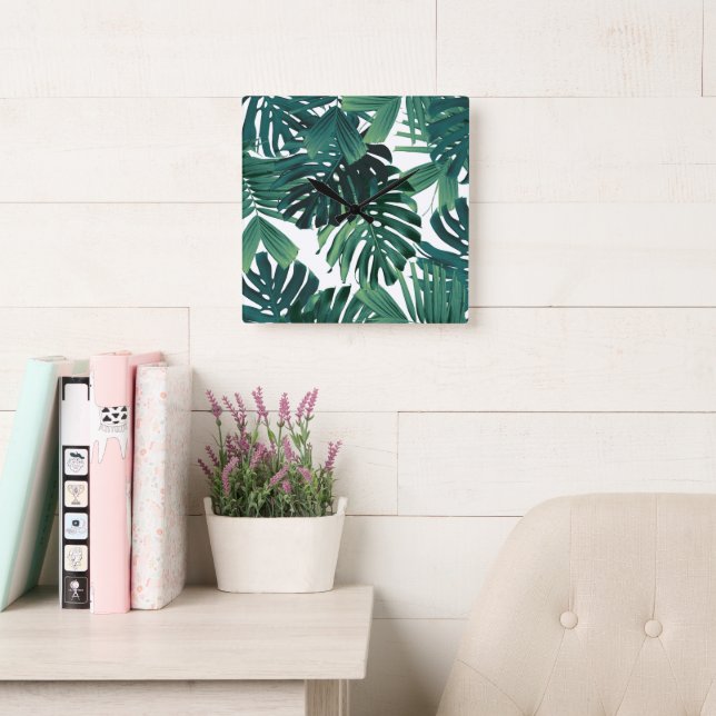 Tropical Monstera Jungle Leaves 1 Square Wall Clock (Reading Room)