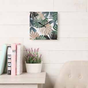 Tropical Monstera Jungle Leaves 3 Square Wall Clock