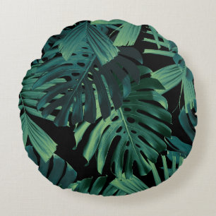 Tropical Monstera Jungle Night Leaves 1 Round Pillow