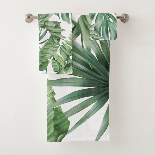 Tropical Monstera Jungle Palm Tree Leaves Green Bath Towel Set (Insitu)
