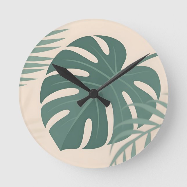 Tropical Monstera Leaf Botanical Serenity Round Clock (Front)