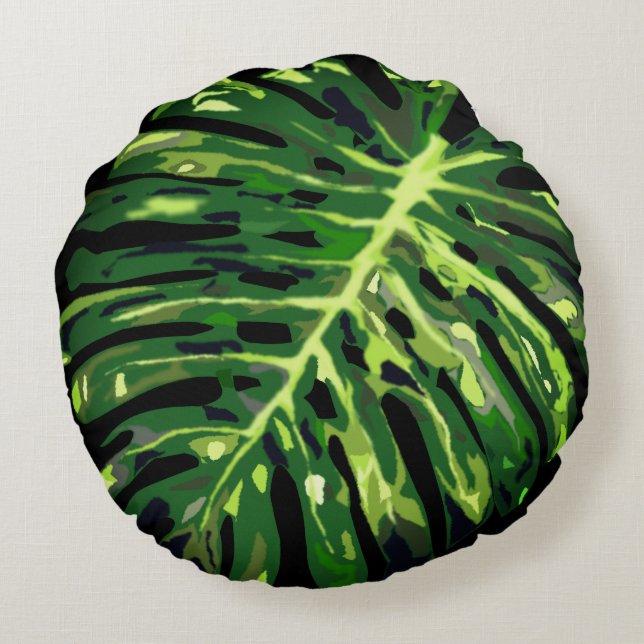 Tropical Monstera Leaf - Choose/add your colour Round Pillow (Back)