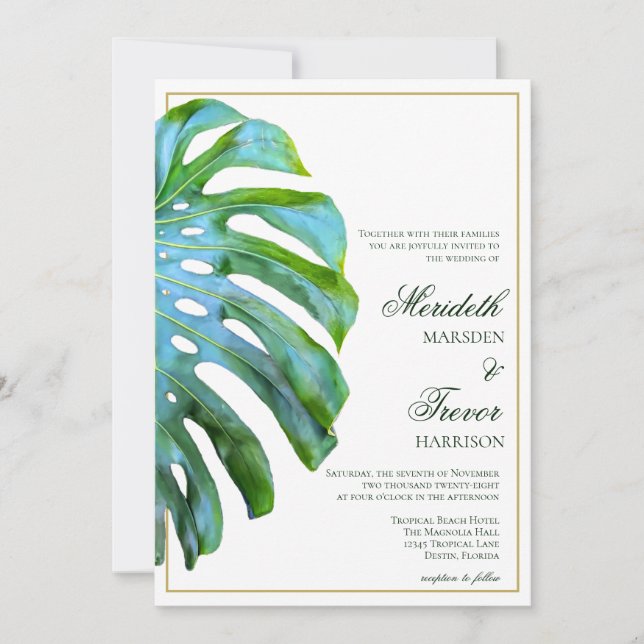 Tropical Monstera Leaf Green Gold Beach Wedding Invitation (Front)
