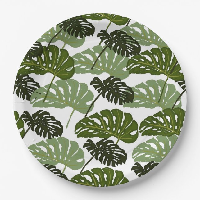 Tropical Monstera Leaf Green  Paper Plate (Front)