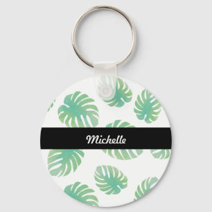 Tropical Monstera Leaf Green Pattern Name Keychain